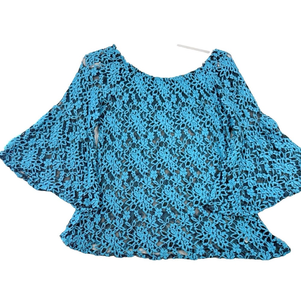 Womens  L Black Turquoise Flare Sleeve Lace Burnout Stretch Top Y2K Whimsigoth